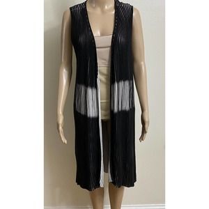 Chico's Black White Textured Long Open Front Heavy Knit Cardigan Sweater Size 2